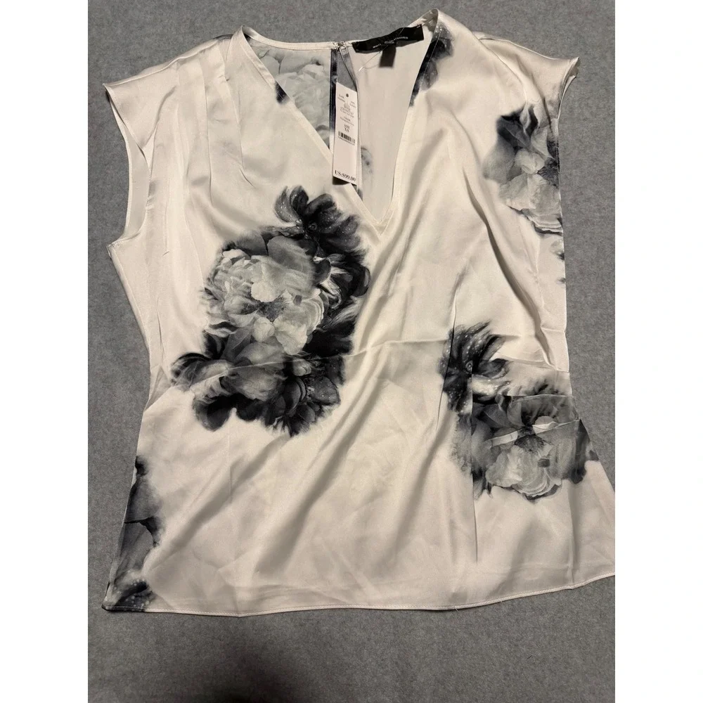 WHBM White House Black Market Floral Satin V-Neck Shell Top Ecru XS 570397747